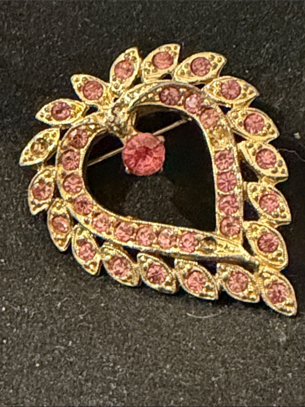Gold-Tone Pink Crystal Heart Brooch - Unbranded